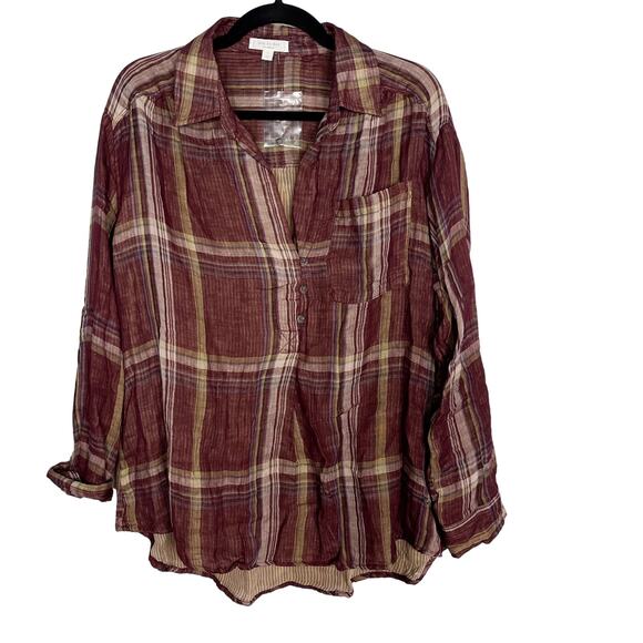 New Blu Pepper Day To Day Large L Red Plaid Split V Neck 3/4 Sleeve Blouse Top - Picture 1 of 11